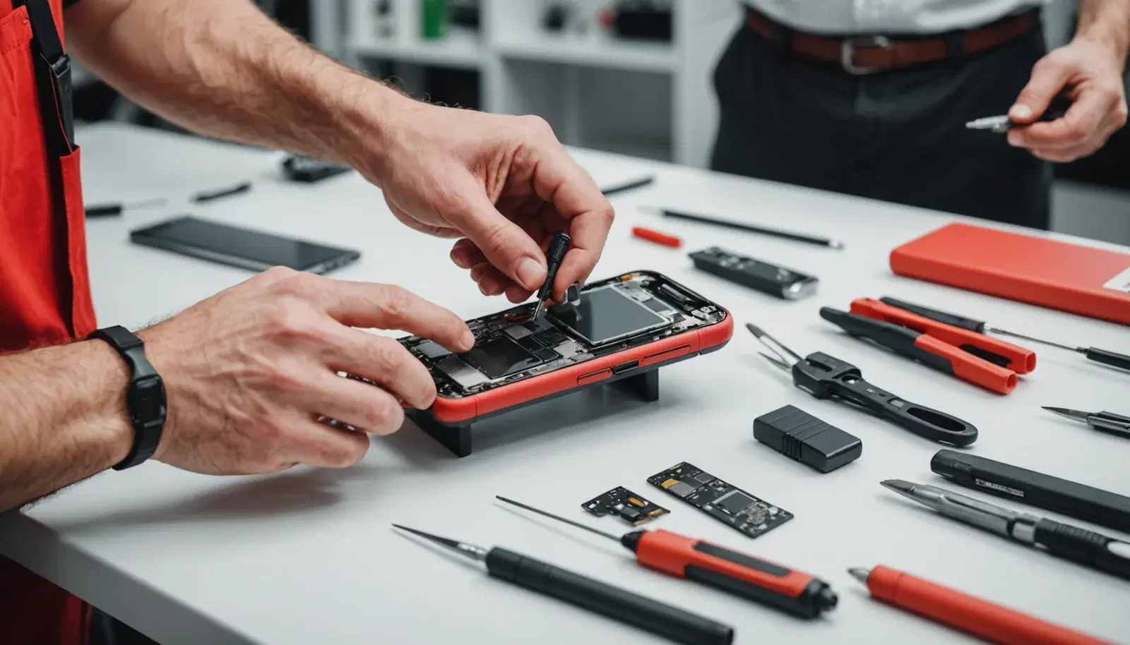 Techniker zerlegt ein Smartphone fachgerecht mit Reparaturwerkzeug im Servicebereich