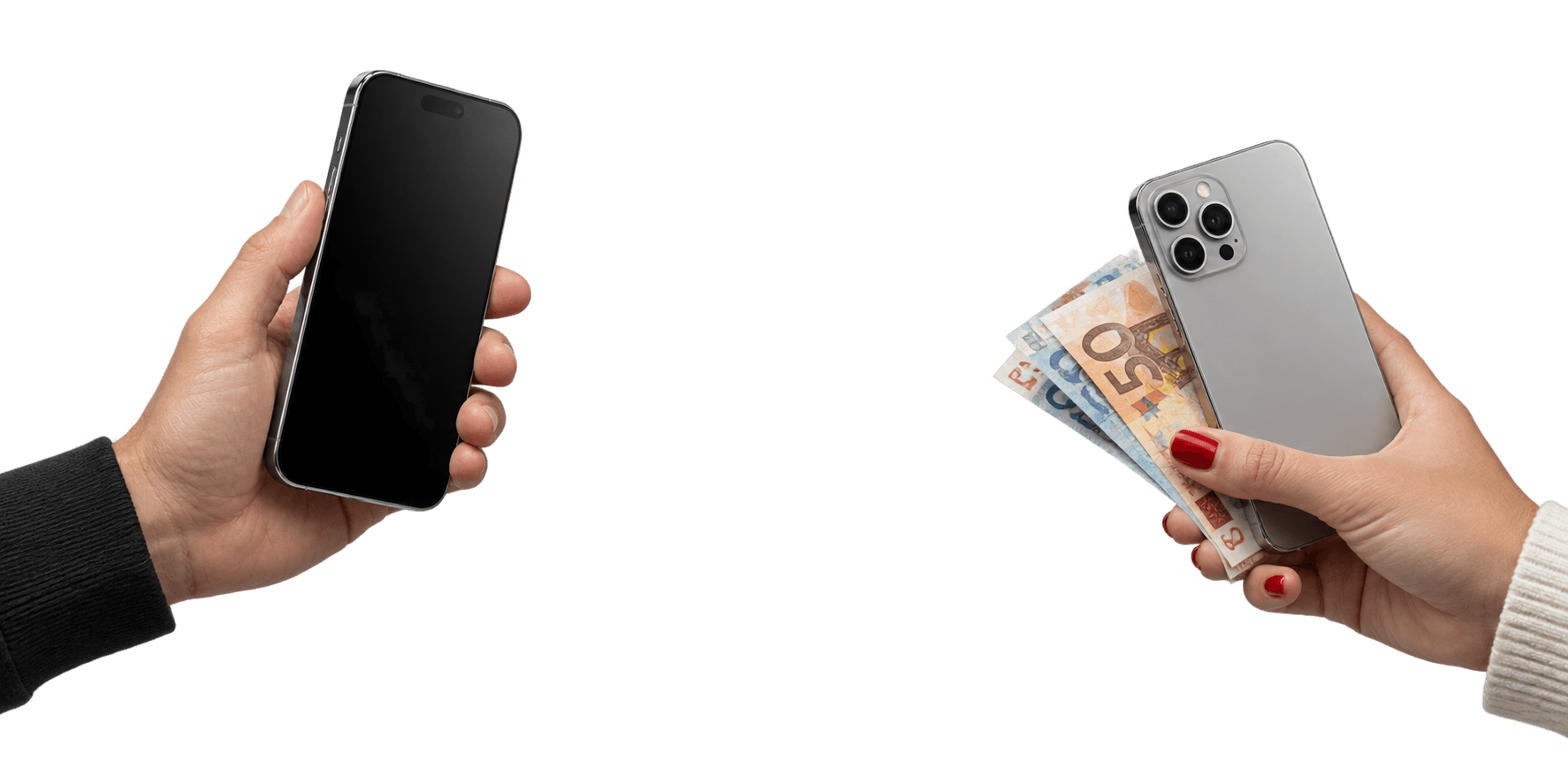 Zwei Personen tauschen Smartphones und Geld aus