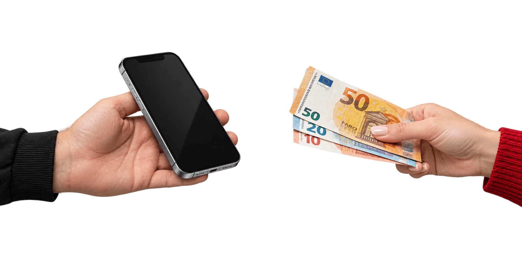 Ein Smartphone wird gegen eine Auszahlung übergeben